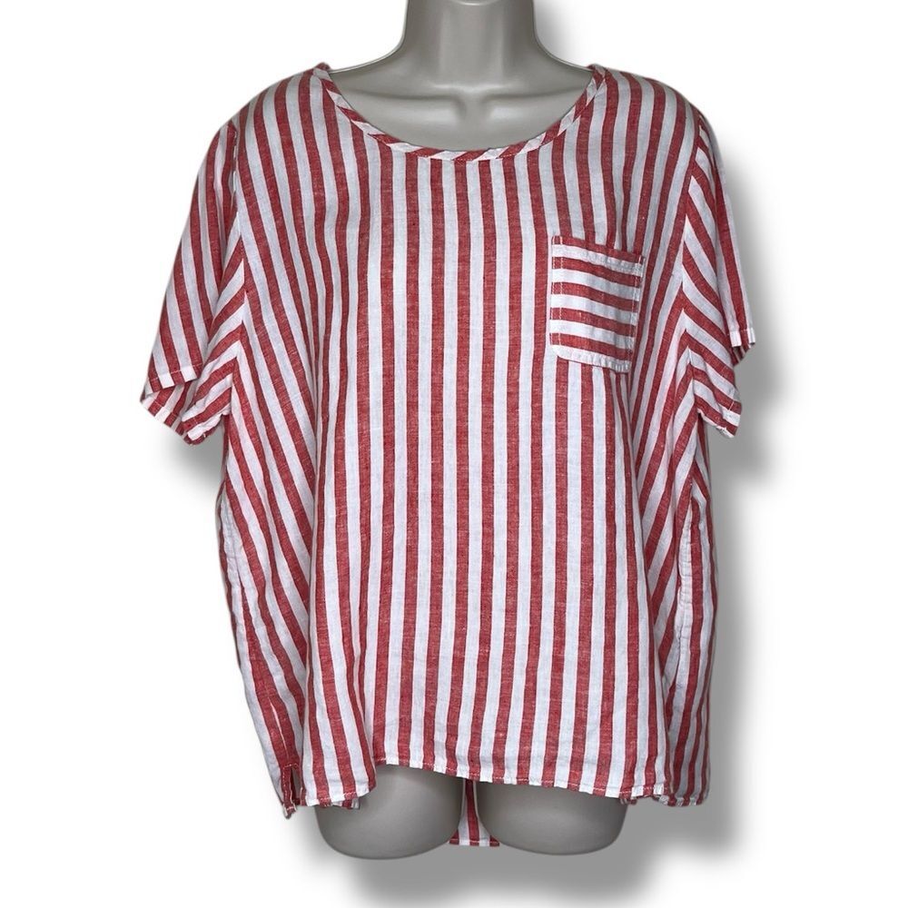 Christian Siriano Linen Red White Stripe Boxy Short Sleeve Top Women Size XL